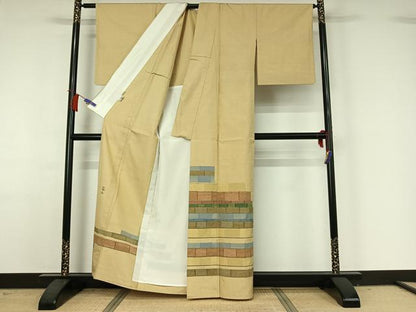 平和屋着物▽能州紬　絲藝苑　上島洋山　訪問着　単衣　横段文　ますいわ屋扱い　正絹　逸品　AABH9872jh