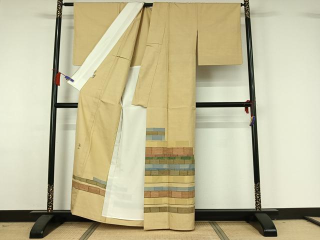 平和屋着物▽能州紬　絲藝苑　上島洋山　訪問着　単衣　横段文　ますいわ屋扱い　正絹　逸品　AABH9872jh