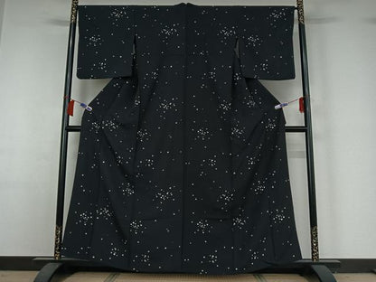 平和屋着物▽上質な小紋　単衣　箔散らし文様　黒地　正絹　逸品　AABH9876jh