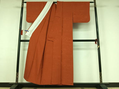 平和屋着物▽上質な色無地　単衣　雲取り地紋　煉瓦色　正絹　逸品　AABH9877jh