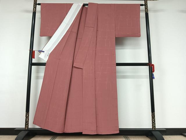 平和屋着物▽上質な色無地　単衣　吉祥地紋　退紅色　正絹　逸品　AABH9878jh