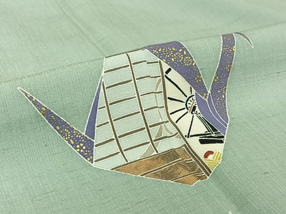 平和屋着物▽訪問着 単衣 紬地 鶴 金彩 正絹 逸品 AABH9880jh