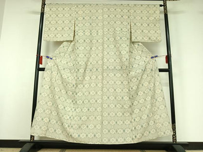 平和屋着物▽お召　単衣　花菱文　正絹　逸品　AABH9882jh