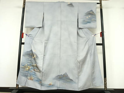 平和屋着物▽訪問着　単衣　風景花鳥文　暈し染め　金銀彩　正絹　逸品　AABH9884jh