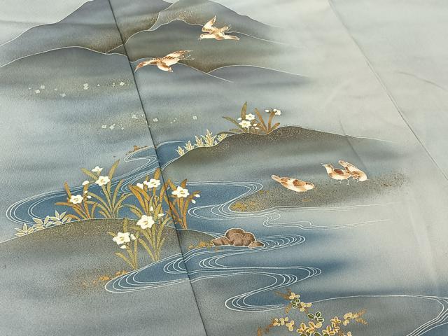 平和屋着物▽訪問着　単衣　風景花鳥文　暈し染め　金銀彩　正絹　逸品　AABH9884jh
