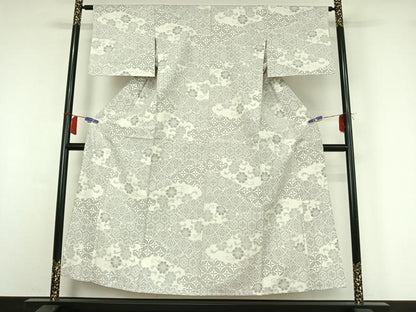 平和屋着物▽上質な紬　単衣　七宝花文　正絹　逸品　AABH9886jh