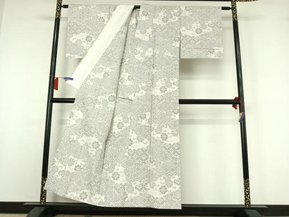 平和屋着物▽上質な紬　単衣　七宝花文　正絹　逸品　AABH9886jh