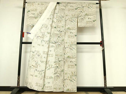 平和屋着物▽上質な小紋　単衣　手描き　風景文　正絹　逸品　AABH9887jh