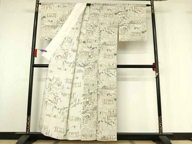 平和屋着物▽上質な小紋　単衣　手描き　風景文　正絹　逸品　AABH9887jh