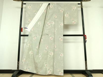 平和屋着物▽本塩沢　単衣　雪輪花文　正絹　逸品　AABH9890jh