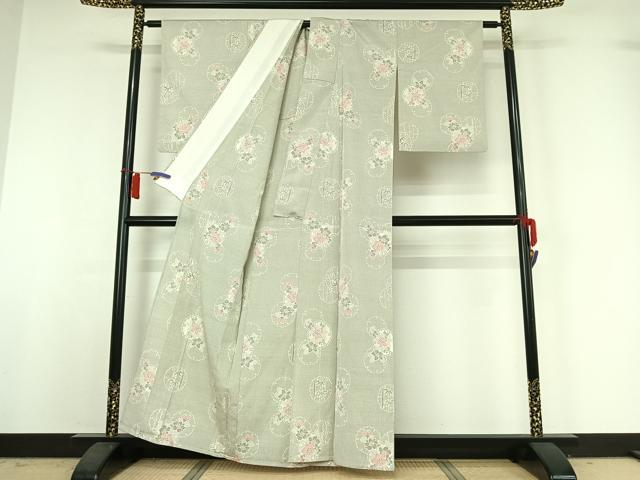 平和屋着物▽本塩沢　単衣　雪輪花文　正絹　逸品　AABH9890jh
