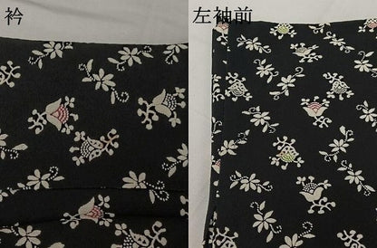 平和屋着物▽上質な小紋　単衣　草花文　黒地　正絹　逸品　AABH9894jh
