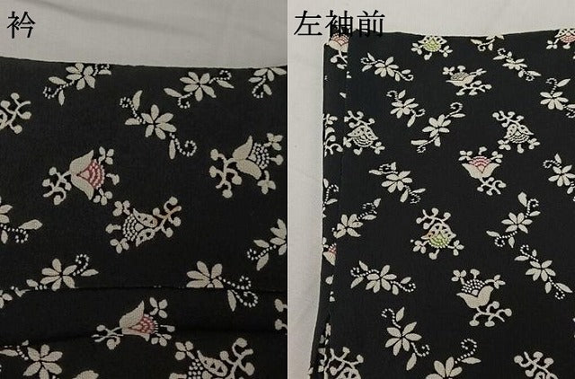 平和屋着物▽上質な小紋　単衣　草花文　黒地　正絹　逸品　AABH9894jh