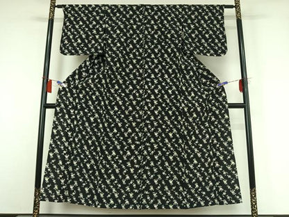 平和屋着物▽上質な小紋　単衣　草花文　黒地　正絹　逸品　AABH9894jh