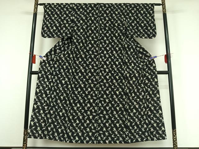 平和屋着物▽上質な小紋　単衣　草花文　黒地　正絹　逸品　AABH9894jh