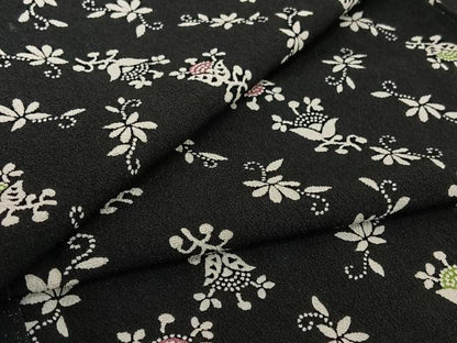 平和屋着物▽上質な小紋　単衣　草花文　黒地　正絹　逸品　AABH9894jh