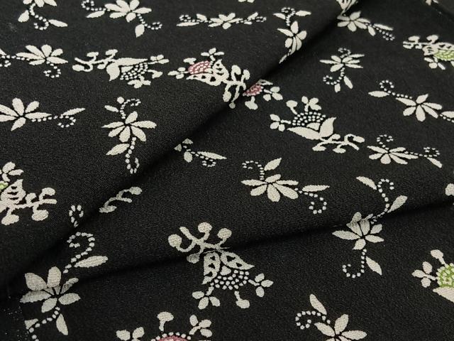 平和屋着物▽上質な小紋　単衣　草花文　黒地　正絹　逸品　AABH9894jh