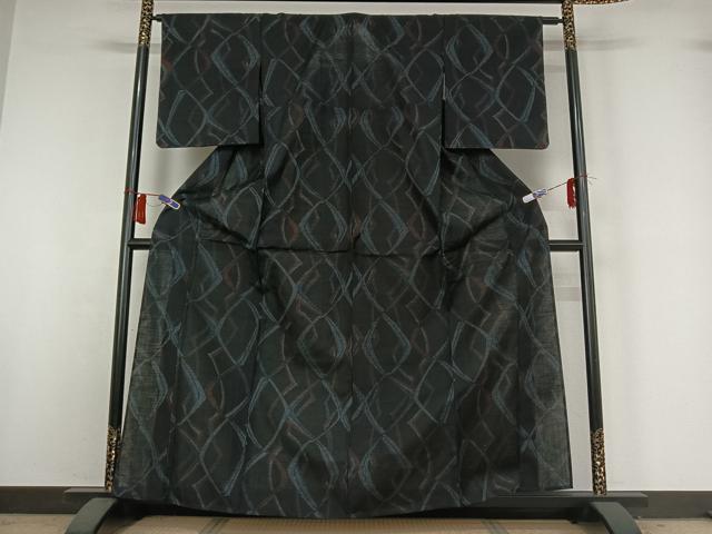 平和屋着物▽上質な紬　単衣　幾何学文様　正絹　逸品　AABH9895jh