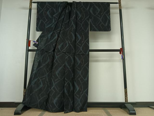 平和屋着物▽上質な紬　単衣　幾何学文様　正絹　逸品　AABH9895jh
