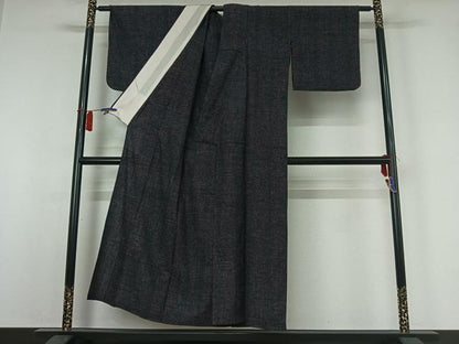 平和屋着物▽結城ちぢみ　単衣　文字文　正絹　逸品　AABH9899jh