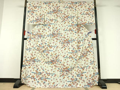 平和屋着物▽小紋　単衣　花蝶文　ロング丈　洗える着物　AABH9908jh