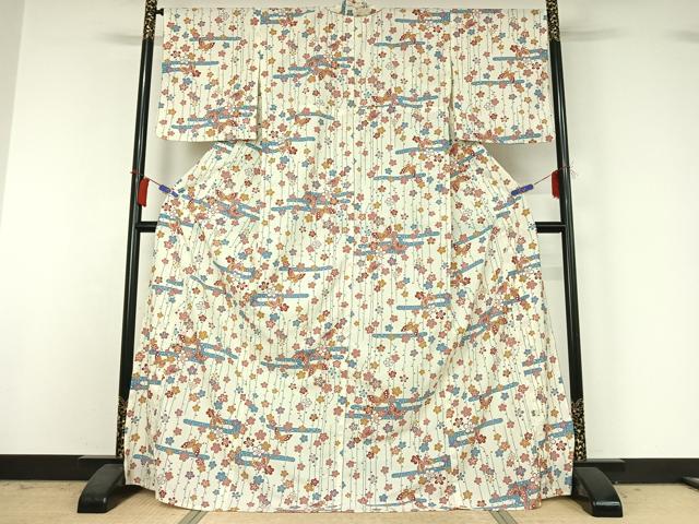 平和屋着物▽小紋　単衣　花蝶文　ロング丈　洗える着物　AABH9908jh