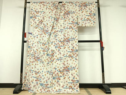 平和屋着物▽小紋　単衣　花蝶文　ロング丈　洗える着物　AABH9908jh
