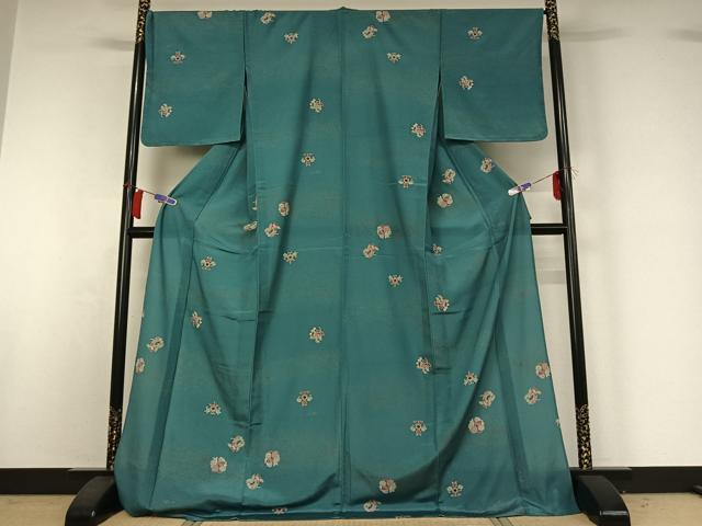 平和屋着物▽小紋　単衣　草花文　金彩　鬼しぼ縮緬　ロング丈　洗える着物　AABH9909jh