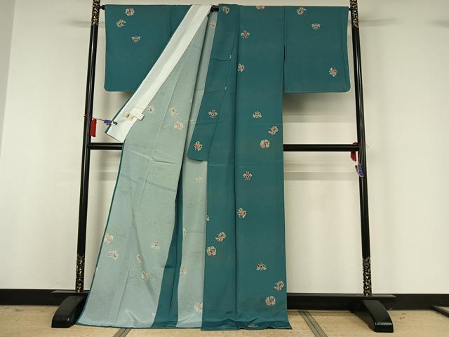 平和屋着物▽小紋　単衣　草花文　金彩　鬼しぼ縮緬　ロング丈　洗える着物　AABH9909jh