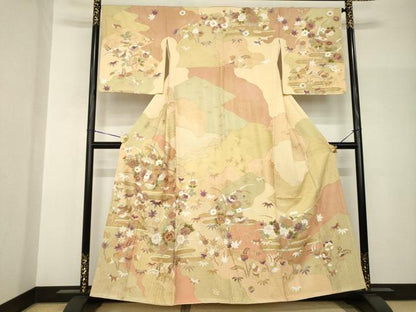 平和屋着物●訪問着　駒刺繍　中国三大刺繍　霞草花文　金彩　正絹　逸品　AABH9928ck