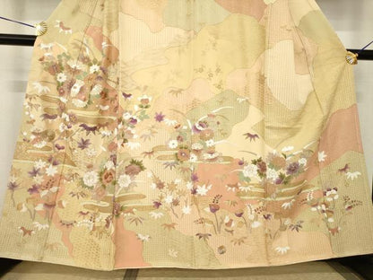 平和屋着物●訪問着　駒刺繍　中国三大刺繍　霞草花文　金彩　正絹　逸品　AABH9928ck