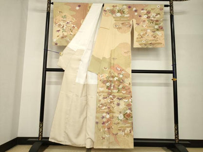 平和屋着物●訪問着　駒刺繍　中国三大刺繍　霞草花文　金彩　正絹　逸品　AABH9928ck