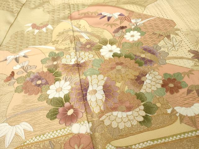 平和屋着物●訪問着　駒刺繍　中国三大刺繍　霞草花文　金彩　正絹　逸品　AABH9928ck