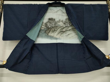 平和屋着物●男性　紬　アンサンブル　色無地　青褐色　正絹　逸品　AABH9930ck