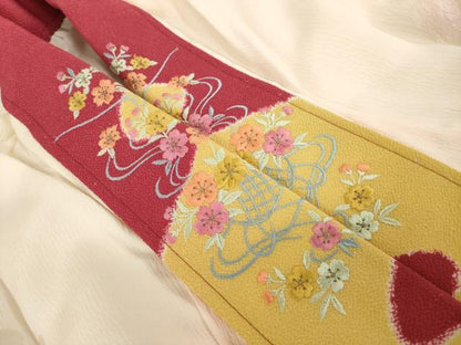 平和屋着物●長襦袢　袷　舞花地紋　暈し染め　半衿刺繍　正絹　逸品　AABH9943ck