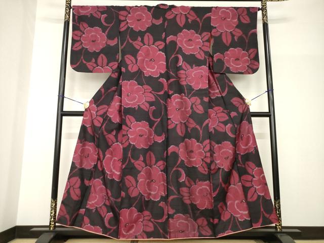 平和屋着物●アンティーク　大正ロマン　花唐草文　椿　黒地　正絹　逸品　AABH9945ck