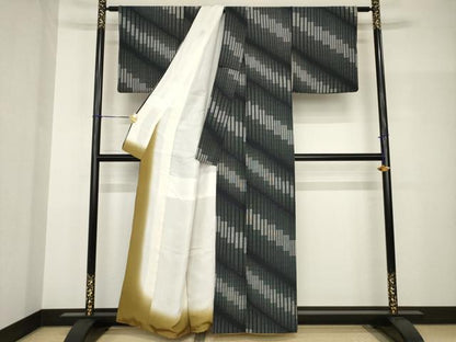 平和屋着物●上質な小紋　斜縞　黒地　正絹　逸品　AABH9948ck