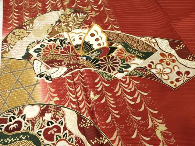 平和屋着物●豪華振袖　駒刺繍　地紙花蝶文　金彩　正絹　逸品　AABH9954ck