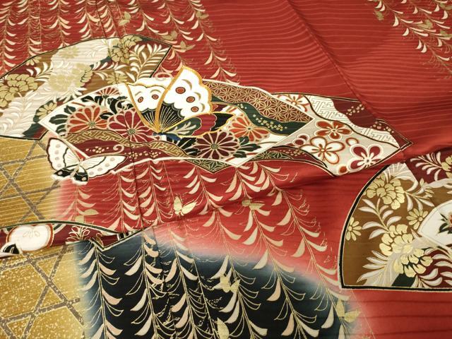 平和屋着物●豪華振袖　駒刺繍　地紙花蝶文　金彩　正絹　逸品　AABH9954ck