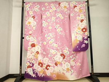 平和屋着物●豪華振袖　舞花文　暈し染め　銀通し地　正絹　逸品　AABH9958ck