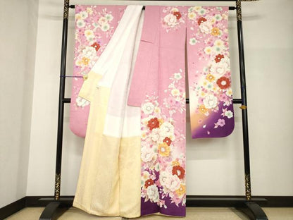 平和屋着物●豪華振袖　舞花文　暈し染め　銀通し地　正絹　逸品　AABH9958ck