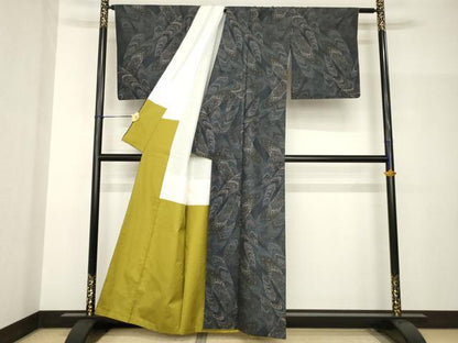 平和屋着物●本場大島紬　カタス7マルキ　更紗花文　正絹　逸品　AABH9959ck