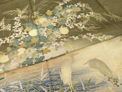 平和屋着物●訪問着　シロサギ　流水花文　暈し染め　金彩　正絹　逸品　AABH9970ck
