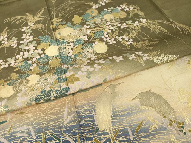 平和屋着物●訪問着　シロサギ　流水花文　暈し染め　金彩　正絹　逸品　AABH9970ck