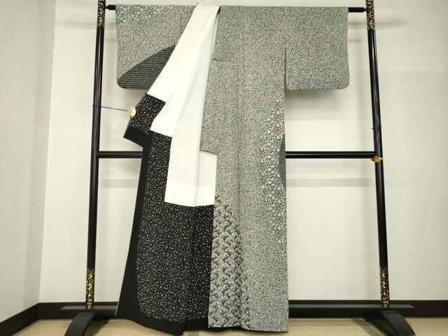 平和屋着物●東京染伝統工芸士　金田昇 　訪問着　幾何学花文　黒地　正絹　逸品　AABH9971ck