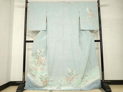 平和屋着物●訪問着　友禅　風景花文　ロング丈　正絹　逸品　AABH9972ck
