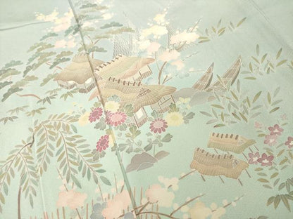 平和屋着物●訪問着　友禅　風景花文　ロング丈　正絹　逸品　AABH9972ck