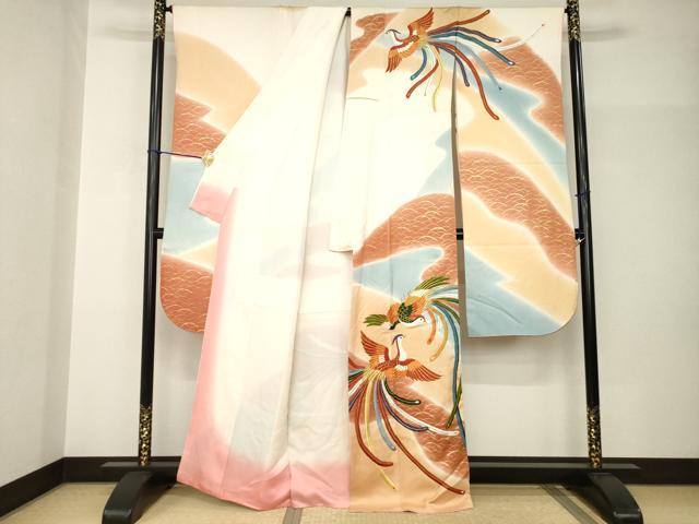平和屋着物●豪華振袖　駒刺繍　鳳凰　暈し染め　金彩　正絹　逸品　AABH9973ck