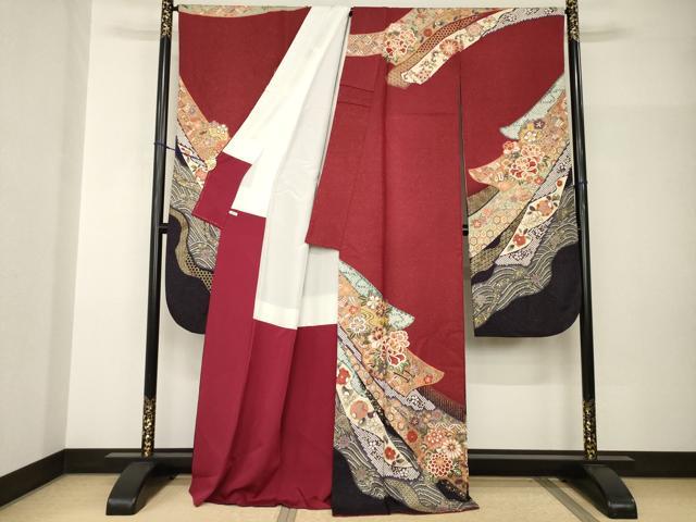 平和屋着物●豪華振袖　駒刺繍　吉祥雪輪花車文　金彩　金通し地　正絹　逸品　AABH9975ck