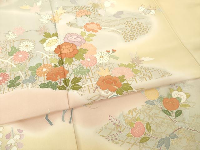 平和屋着物●創業460年・千總　訪問着　駒刺繍　流水花文　暈し染め　金彩　正絹　逸品　AABH9982ck